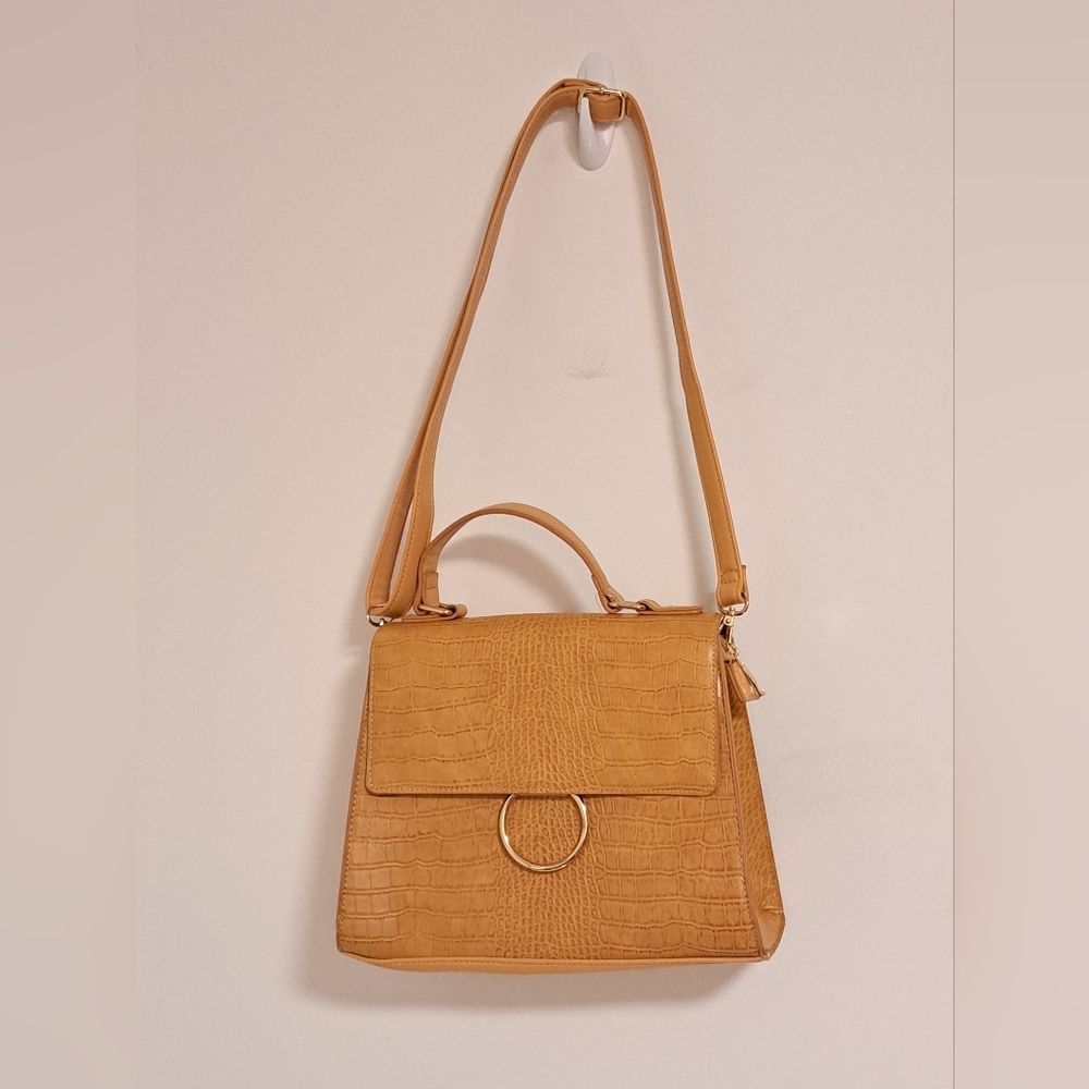 Crossi Mustard Croc-Embossed Crossbody Bag with Ring Detail